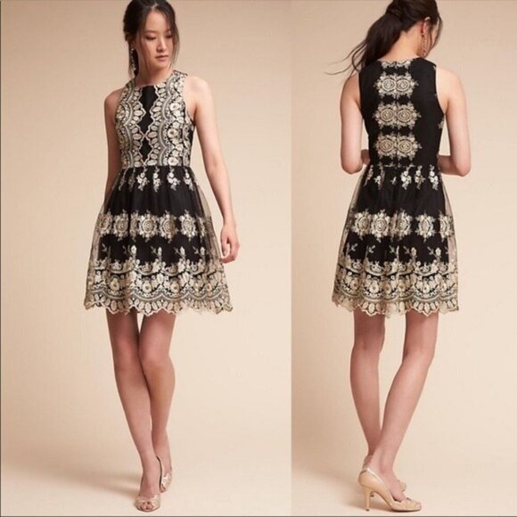 BHLDN Dresses & Skirts - Immaculate BHLDN Black Gold Lace Flourish A-Line Dress $380